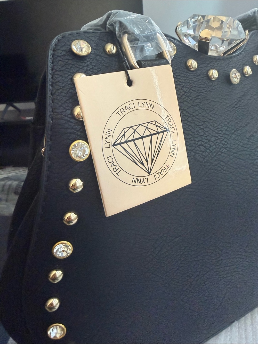 Traci Lynn Black Studded Dome Handbag Set w Matching Wallet Crystal Diamond Top - Picture 5 of 15